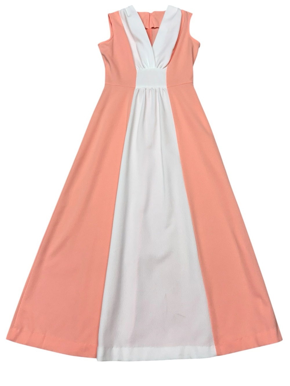 Vintage 70s Peach White Colorblock Hostess Maxi Dress Mod M/L VNeck Empire Waist - Picture 11 of 11